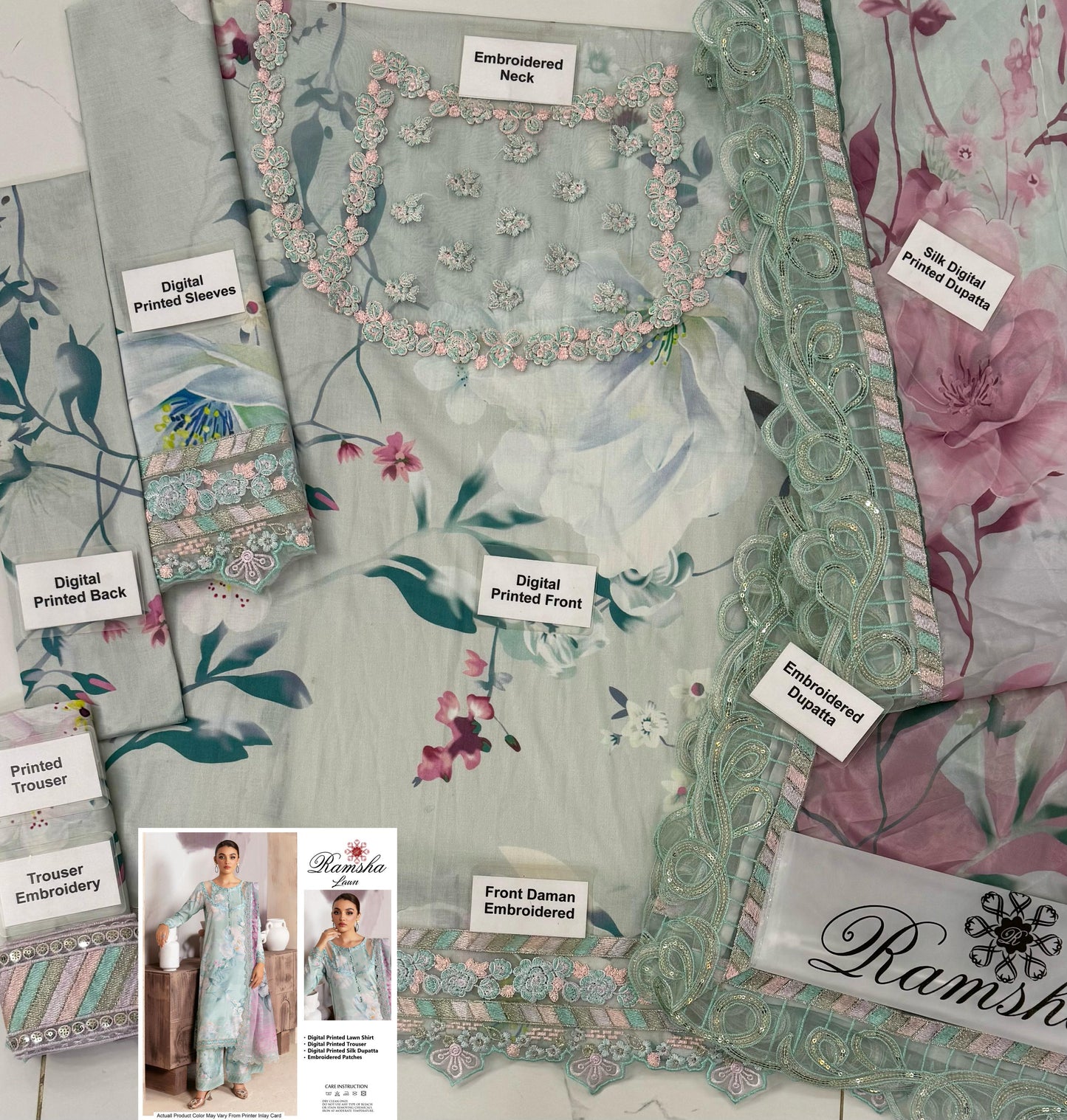 Ramsha JR-502 by Al Nisa – 3 Piece Digital Printed Lawn & Silk Suit with Embroidered Patches