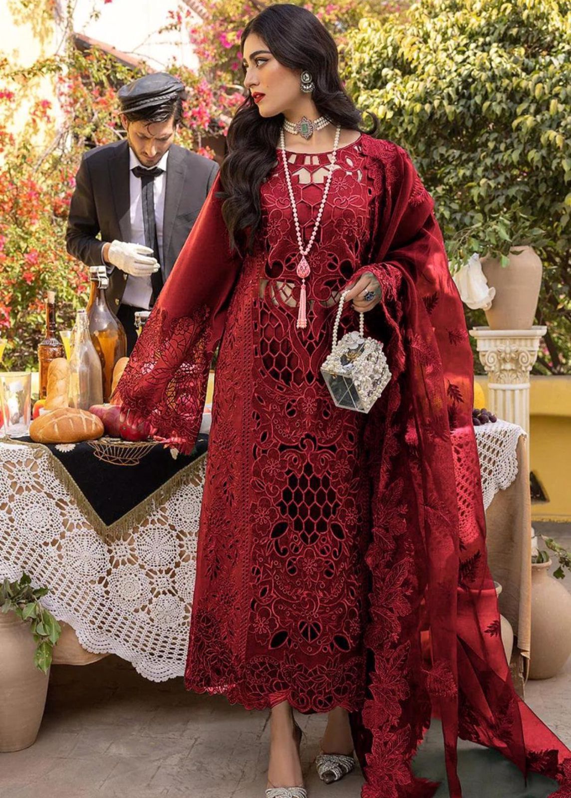 Bin Ilyas Luxury Lawn – Heavy Embroidered 3 Piece Suit with Chicken Kari, Stone Work & Organza Dupatta