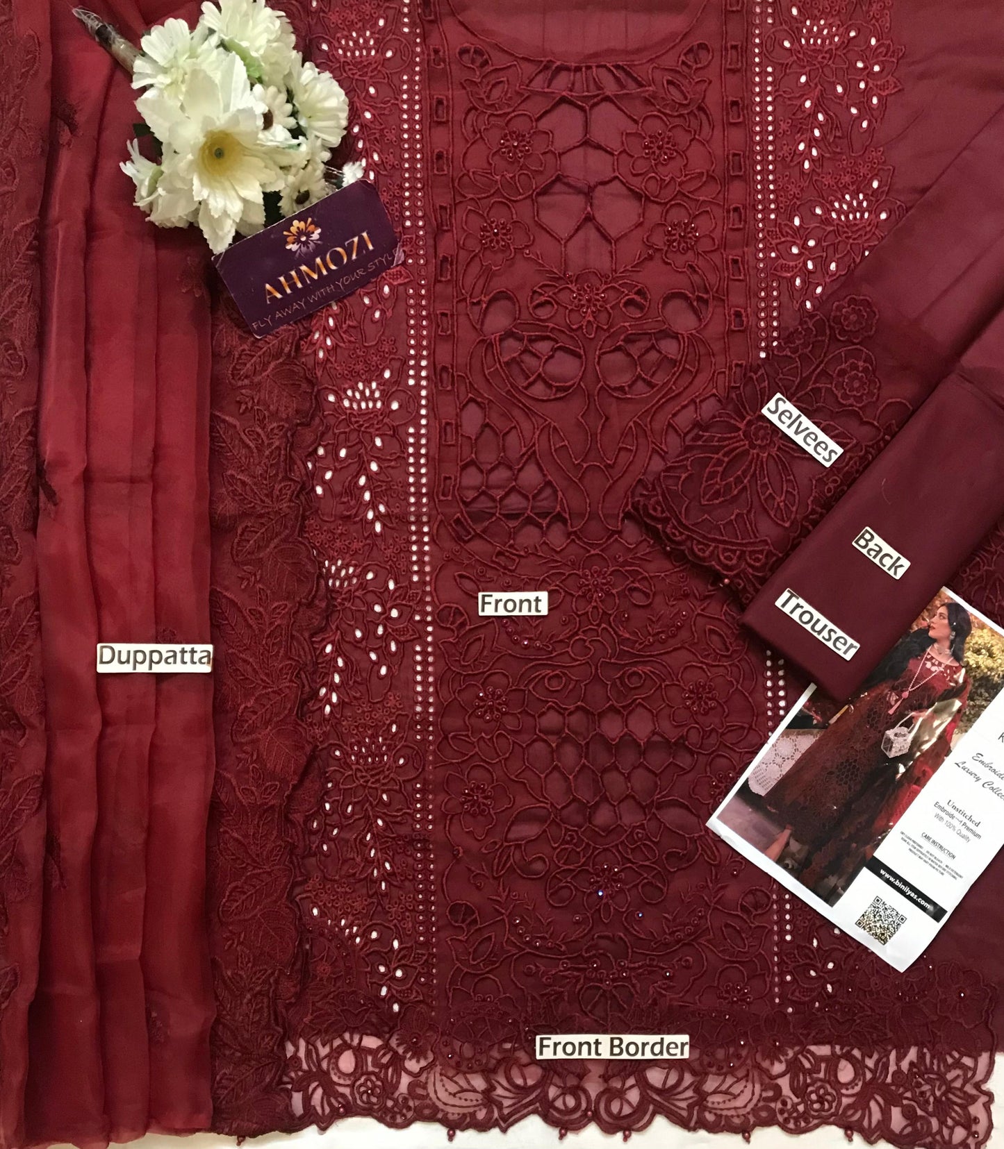 Bin Ilyas Luxury Lawn – Heavy Embroidered 3 Piece Suit with Chicken Kari, Stone Work & Organza Dupatta
