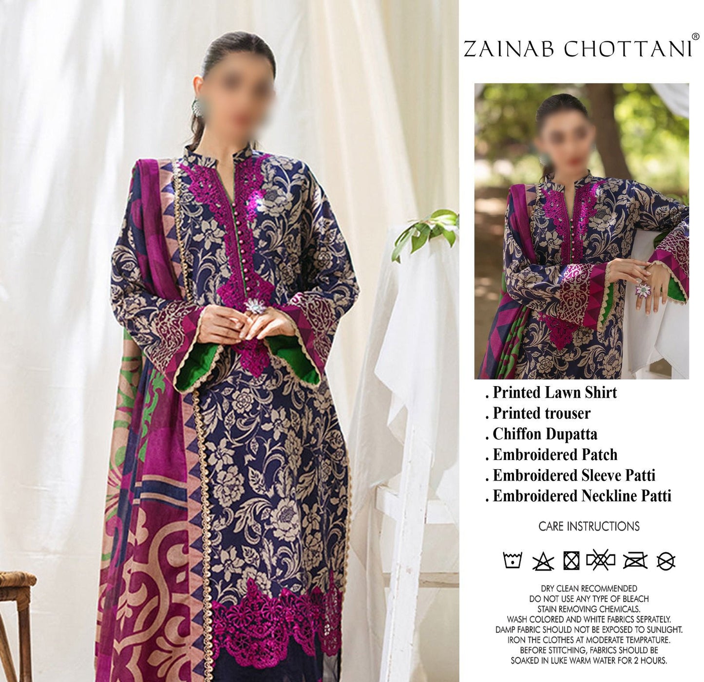 Zainab Chottani Lawn Collection – 3 Piece Embroidered Suit with Chiffon Dupatta