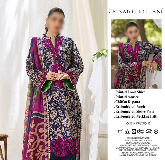 Zainab Chottani Lawn Collection – 3 Piece Embroidered Suit with Chiffon Dupatta