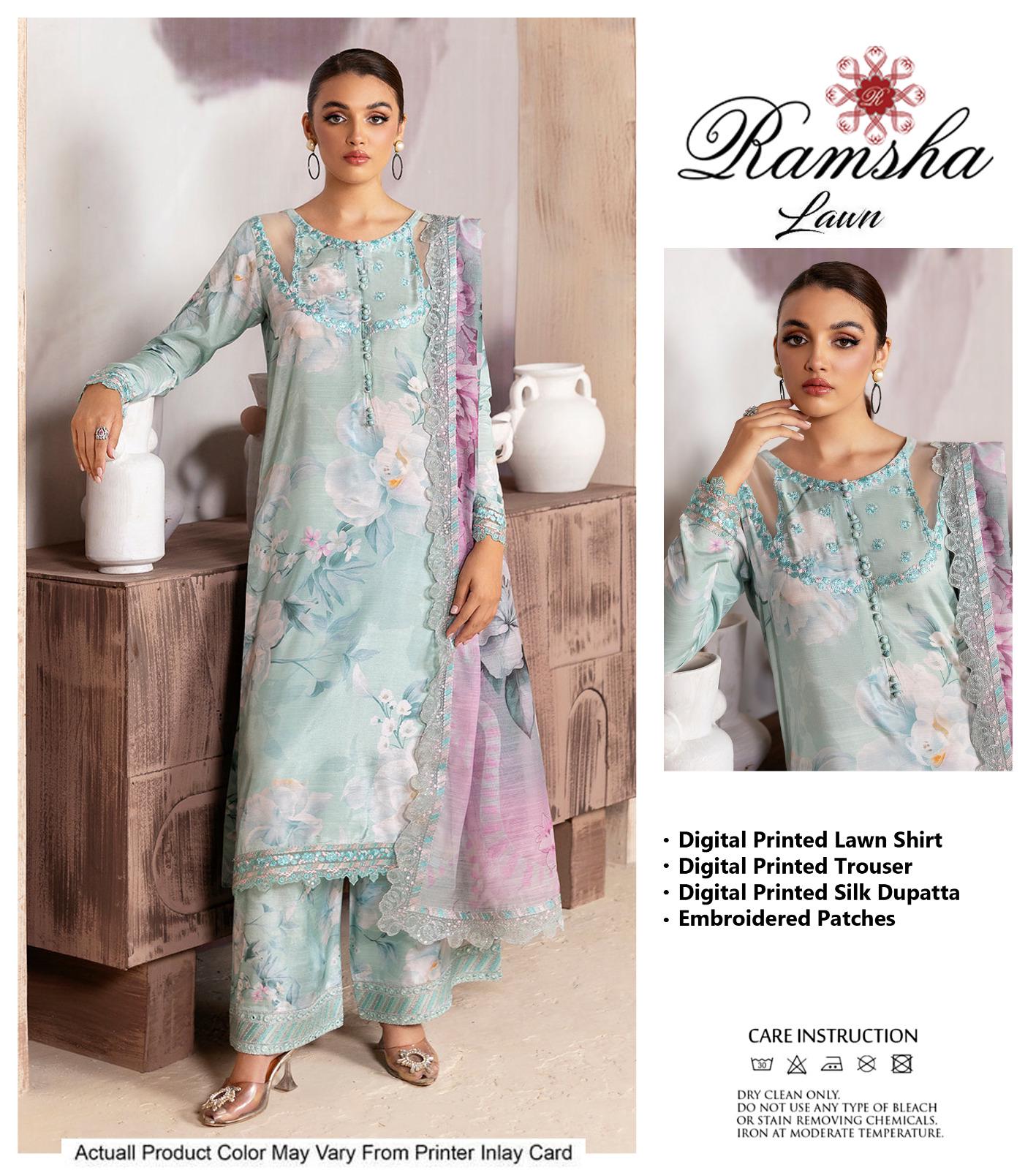 Ramsha JR-502 by Al Nisa – 3 Piece Digital Printed Lawn & Silk Suit with Embroidered Patches