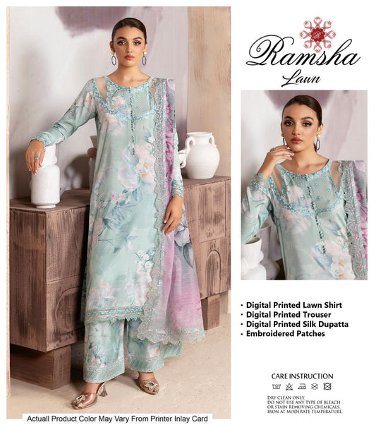 Ramsha JR-502 by Al Nisa – 3 Piece Digital Printed Lawn & Silk Suit with Embroidered Patches