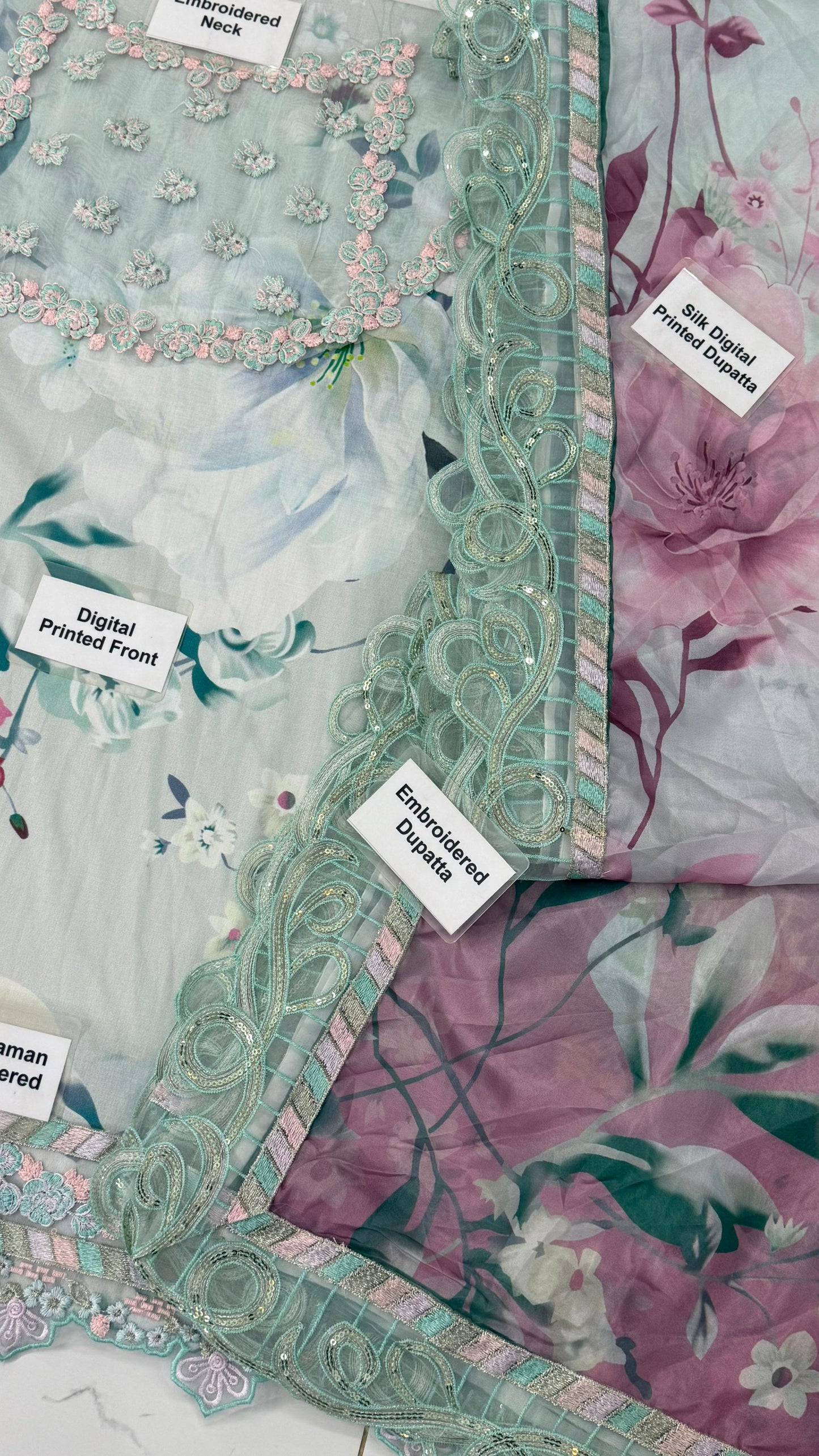 Ramsha JR-502 by Al Nisa – 3 Piece Digital Printed Lawn & Silk Suit with Embroidered Patches
