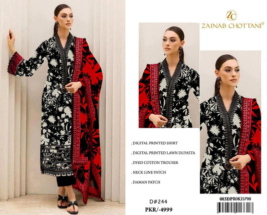 Zainab Chottani Black & Red Floral 3-Piece Embroidered Lawn Suit with Chiffon Dupatta
