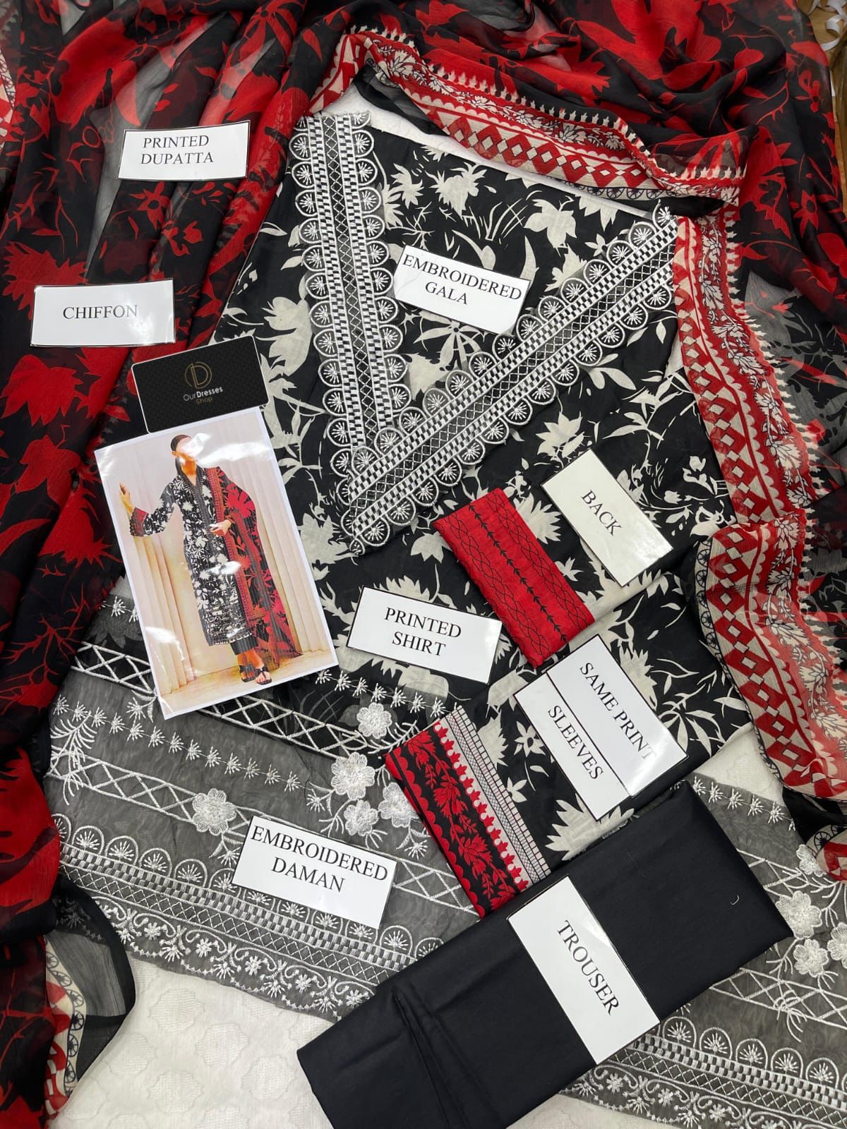 Zainab Chottani Black & Red Floral 3-Piece Embroidered Lawn Suit with Chiffon Dupatta