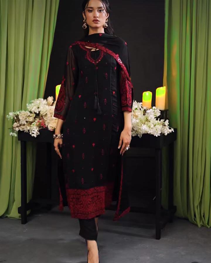 Baroque Chiffon Replica – 3 Piece Embroidered Suit with Malai Trouser